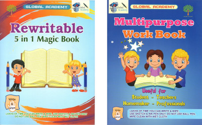 Multipurpose Work Book - Un-Ruled / Plain + 5 In 1 Magic Book - Ruled. Four Line. Double Line. Maths Practice. Five Line. |Re-Usable Wipe And Clean Book | For Students. Teachers. Homemaker. Professionals|Set Of 2 Books |(Paperback, Global Academy)