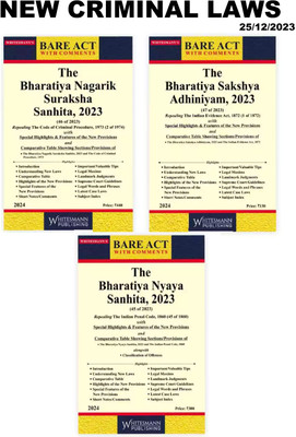 New Criminal Laws Combo – Bharatiya Nyaya Sanhita 2023 (BNS) | Bharatiya Nagarik Suraksha Sanhita 2023 (BNSS) | Bharatiya Sakshaya Adhiniyam 2023 (BSA) - BARE ACT 2024 EDITION Whitesmann's(Paperback, Whitesmann's) New Criminal Laws Combo – Bharatiya Nyaya Sanhita 2023 (BNS) | Bharatiya Nagarik Suraksha Sanhita 2023 (BNSS) | Bharatiya Sakshaya Adhiniyam 2023 (BSA) - BARE ACT 2024 EDITION Whitesmann's(Paperback, Whitesmann's)