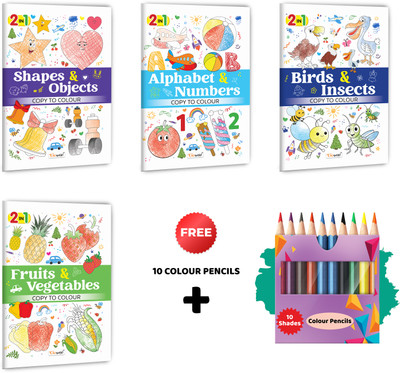 2 In 1 Copy To Colour - Alphabet & Numbers, Birds & Insects, Fruits & Vegetables And Shapes & Objects With 10 Colour Pencils :- Multi-Theme Creative Bundle, Fun Colouring Kit | Combo Of 4 Books(Paperback, GOWOO)