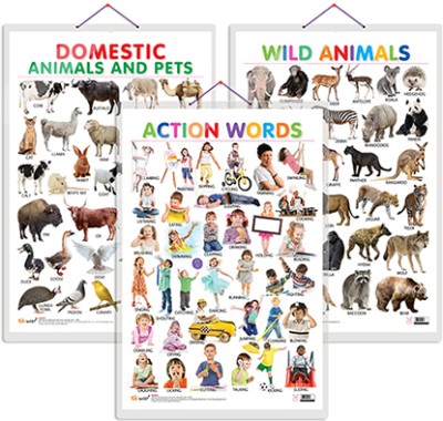 Gift Pack Of 3 Domestic Animals And Pets, Wild Animals And Action Words Charts | Wall Posters For Room Decor High Quality Paper Print With Hard Lamination (20 Inch X 30 Inch, Rolled)(Hardcover, Sahil)