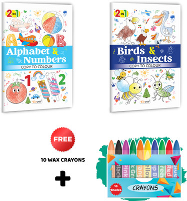 2 In 1 Copy To Colour - Alphabet & Numbers And Birds & Insects With 10 Wax Crayons :- Creative Kids Starter Pack, Colourful 2 In 1 Activity, Fun Copy Colouring Set | Combo Of 2 Books(Paperback, GOWOO)