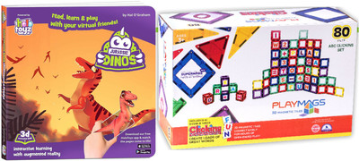 Combo HoloToyz Jurassic Dinosaur Augmented Reality Interactive Book For Kids Fun Learning - 3D For Boys & Girls - Dinosaur Books That Come To Life With 4D Magic - 4-D Story Books Made Fun And Playmags Magnetic Tile Building Set: Exclusive Educational Clickins – 80-Pc. Kit: 40 Super Strong Clear Colo