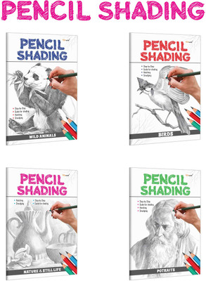 Pencil Shading - Birds, Wild Animals, Nature & Still Life And Portraits : Educational Book For Kids, Skill Development Book For Childrens | Pack Of 4 Pencil Shading Activity Books(Paperback, GOWOO)
