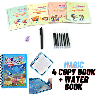 Magic Copy Book (4 Book + 10 Refill + 1 Pen + 1 Grip) With 1 Magic Water Book With Pen, Sank Number Tracing (Pack Of 5)(Spiral, Sank Magic Practice Book)