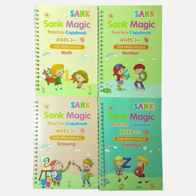 Magic Practice Copy Book For Preschool, Reusable, Calligraphy Number, Math, Alphabets And Drawing Workbook Set (4 Book + 10 Refill With Pen Holder)(Paperback, na)