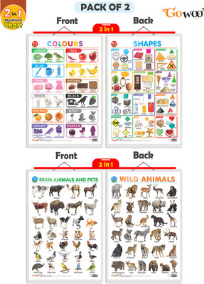 Gift Pack Of 2 Charts |2 IN 1 COLOURS AND SHAPES And 2 IN 1 WILD AND FARM ANIMALS & PETS Wall Posters For Room Decor High Quality Paper Print With Hard Lamination (20 Inch X 30 Inch, Rolled)(Hardcover, Sahil)