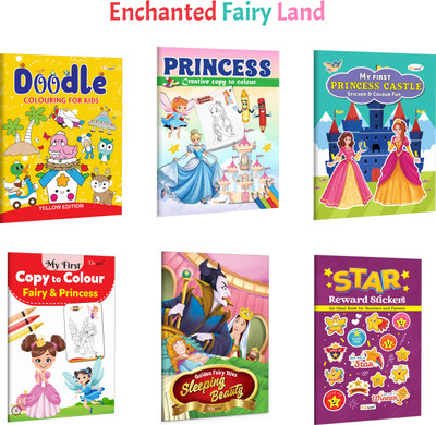 Sleeping Beauty - Golden Fairy Tales, Princess-Creative Copy To Colour And More :- Kids Fairy Tale Colouring, Princess Activity Book, Doodle Art Fun With Stickers | Combo Of 6 Books(Paperback, GOWOO)