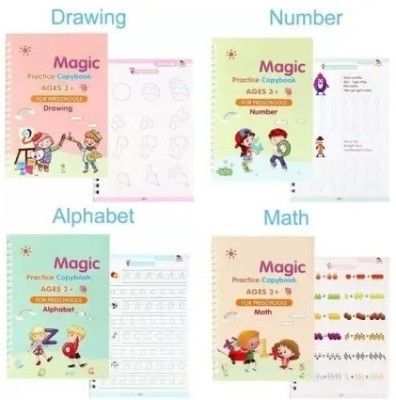 Magic Practice Copybook AGE3+, Magic Copy Book For Kids 10 Refill, 4 Books, 1 Cap Magic Book For Kids(ROUND STRIP, SANK)