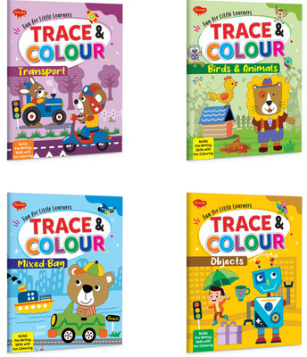 Trace And Colour Birds And Animals, Mixed Bag, Objects And Transport :- Preschoolers Tracing And Colouring Book, Early Learners Colouring Book, Easy Trace And Colour Book(Paperback, SAWAN)