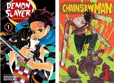 Bestselling Manga [ Demon Slayer Vol 1 + Chainsaw Man Vol 1 ] Free Bookmarks Included(Paperback, Koyoharu Gotouge, Tatsuki Fujimoto)