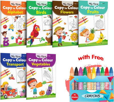 My First Copy To Colour - Alphabet, Birds, Flowers, Fruits, Transport And Vegetables With 10 WAX CRAYONS : Colouring Books With Wax Crayons, Educational Art Books | Set Of 6 Copy To Colour Books(Paperback, GOWOO)