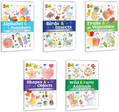 2 In 1 Copy To Colour - Alphabet & Numbers, Birds & Insects, Fruits & Vegetables And More :- Multi-Theme Kids Colouring, 2 In 1 Colouring Activity Set, Fun And Engaging Copy Colouring | Set Of 5 Books(Paperback, GOWOO)