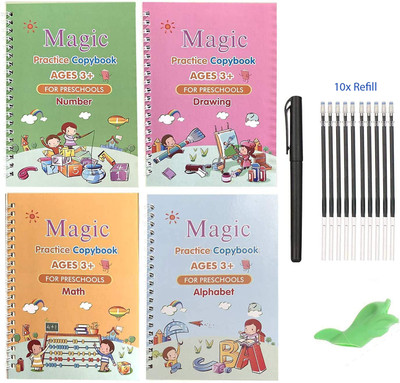 SANK Re-Usable MAGIC BOOK Magical Handwriting Workbooks Practice Copybook For Pre-School Kids, (4 BOOK + 1 Pen + 10 REFILL) Number Tracing Book, Drawing, Alphabet And Math Exercise For Preschoolers With Pen, English Magic Books For Kids Reusable Writing Magic Calligraphy Copybook Set Practical Reusa