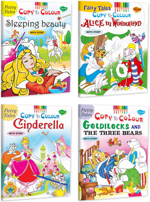 Fairy Tales Copy To Colour The Sleeping Beauty, Alice In Wonderland, Cinderella And Goldilocks And The Three Bears Books For Kids : Colouring And Reading Books For Kids, Fun Colouring Books, Colouring With Colour Reference | Set Of 4 Colouring Story Books(Paperback, Manoj)