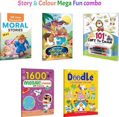 All Time Favourite Moral Stories, Little Red Riding Hood - Golden Fairy Tales And More :- Children’s Moral Fables, Fairy Tale Colouring, Creative Doodle And Sticker Fun | Combo Of 5 Books(Paperback, GOWOO)