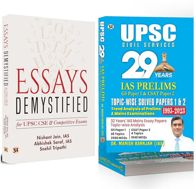 Essays Demystified By (IAS Nishant Jain, IAS Abhishek Saraf, Snehil Tripathi) + UPSC Civil Services 29 Years IAS Prelims GS Paper 1 & CSAT Paper 2 By (Dr. Manish Rannjan IAS)- Books In English(Paperback, IAS Nishant Jain, IAS Abhishek Saraf, Snehil Tripathi + Dr. Manish Rannjan (IAS)) Essays Demystified By (IAS Nishant Jain, IAS Abhishek Saraf, Snehil Tripathi) + UPSC Civil Services 29 Years IAS Prelims GS Paper 1 & CSAT Paper 2 By (Dr. Manish Rannjan IAS)- Books In English(Paperback, IAS Nishant Jain, IAS Abhishek Saraf, Snehil Tripathi + Dr. Manish Rannjan (IAS))