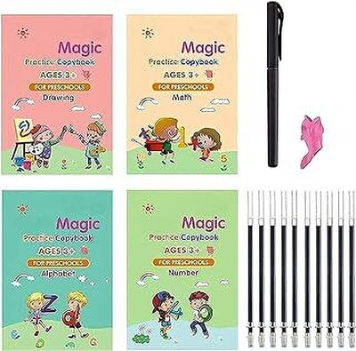 Magic Practice Copybook (4 BOOK + 1 Pen + 10 REFILL) Number Tracing Book For Preschoolers With Pen, Magic Calligraphy Copybook Set Practical Reusable Writing Tool Simple Hand Lettering- A5(Hardcover : Spiral, Valarie)