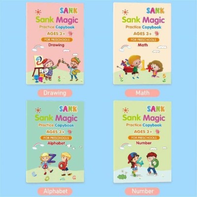 Lunavisor Magic Practice Copy Books Set Of 4 Magic Writing & Drawing Books Kit SANK Re-Usable MAGIC BOOK Magical Handwriting Workbooks Practice Copybook For Pre-School Kids Number Tracing Book, Drawing, Alphabet And Math Exercise For Preschoolers With Pen, English Magic Books For Kids Reusable Writi