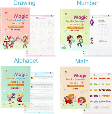 Amazing Learning Magical Book For Kids Practice (4 Books + 10 Refills), Numbers, Drawing, Math, Alphabet, Math For Preschoolers With Pen(Spiral Bound, Magic Book)