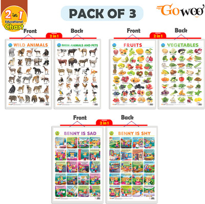Gift Pack Of 3|2 IN 1 FRUITS AND VEGETABLES, 2 IN 1 WILD AND FARM ANIMALS & PETS And 2 IN 1 BENNY IS SAD AND BENNY IS SHY | Wall Posters For Room Decor High Quality Paper Print With Hard Lamination (20 Inch X 30 Inch, Rolled)(Hardcover, Sahil)