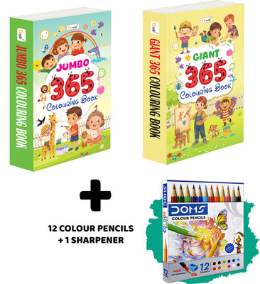 JUMBO & GIANT - 365 Colouring Books And 12 Colour Pencils + 1 Sharpener :- Year-Long Colouring Set For Kids, Educational Colouring Book For Toddlers | Pack Of 2 Colouring Book(Paperback, GOWOO)