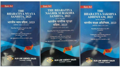 New Criminal Laws ,2023 Bare Acts ((The Bhartiya Nyaya Sanhita 2023 , The Bhartiya Nagarik Suraksha Sanhita ,2023 And The Bhartiya Sakshya Adhiniyam,2023) Diglot Edition(Paperback, Hindi, Alia law agency) New Criminal Laws ,2023 Bare Acts ((The Bhartiya Nyaya Sanhita 2023 , The Bhartiya Nagarik Suraksha Sanhita ,2023 And The Bhartiya Sakshya Adhiniyam,2023) Diglot Edition(Paperback, Hindi, Alia law agency)