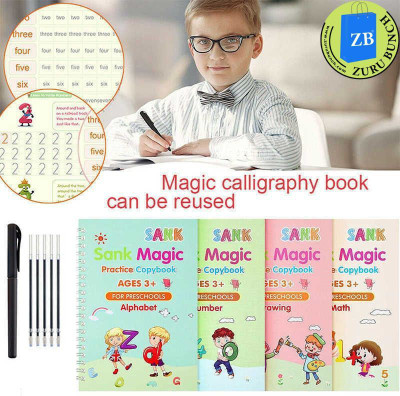 ZURU BUNCH 4 Packs Sank Magic Practice Copybook For Kids Reusable Writing Practice Workbook-Alphabet - Number - Math - Drawing (Drawing Book With Pen)(Hardcover : Spiral, Lunavisor)