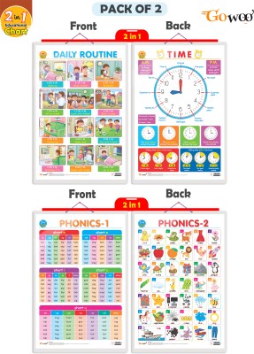 GO WOO Packof2|2IN 1 DAILY ROUTINE AND TIME and 2 IN1PHONICS1&PHONICS2Charts(Yellow)