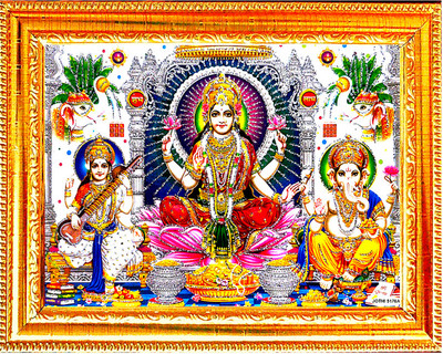 VCARTNOW Goddess Lakshmi, Lord Ganesha & Goddess Saraswati Wall Painting with Frame Religious Frame