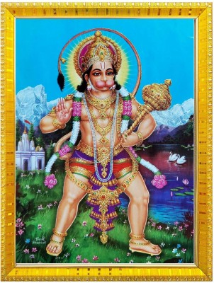 koshtak Hanuman ji Standing with Gadha in Hand photo frame with Laminated Poster Religious Frame