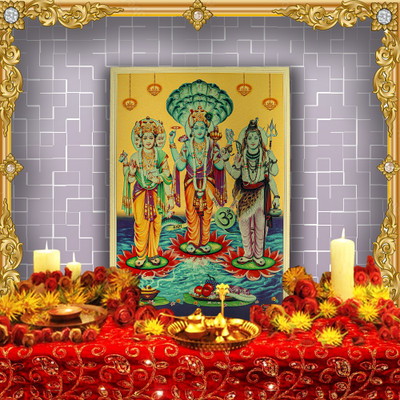 HAWAI Lord Brahma Vishnu Mahesh Gold Plated Photo For Walldécor (without Frame) Religious Frame