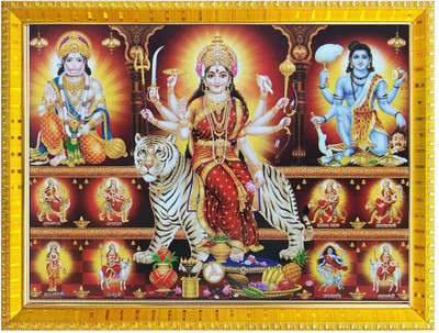 koshtak Durga Maa/Ambe/Sherawali/ Nav Durga 9 Form On Tiger With Hanuman & Kaal Bhairav Religious Frame