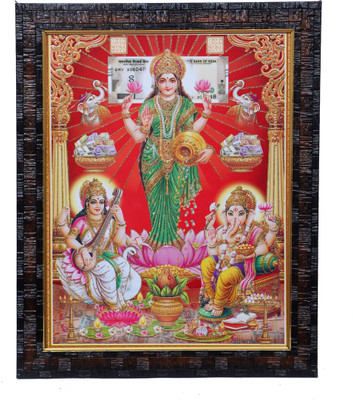 Dharmik Laxmi, Ganesh, Saraswati Ji Frame Laxmi Ji Khade Hue Religious Frame