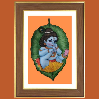 HitechMart Baby Krishna with leaf Photo Frame 10x14 Inches Religious Frame