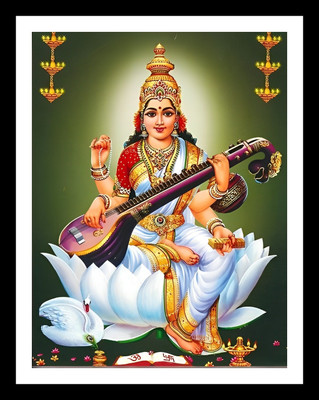 DIGITOUCH DESIGN Goddess Sarawathi Photo Frame,8X6 Inch, Multicolor,Black Frame Religious Frame