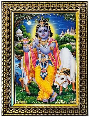 POOJA GHAR Lord Krishna with Cow and Flute Religious Frame