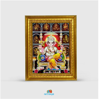 ART NAGRI GANESH JI / GANPATI RELIGIOUS WOOD PHOTOFRAME WITH GLOSSY RESIN COATED FOR POJA Religious Frame