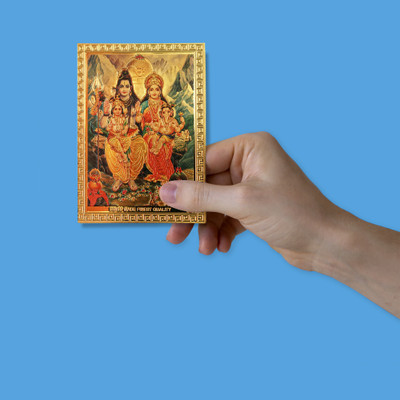 HAWAI Lord Mahadev and Parvati Parivar Gold Plated Pocket Size Sticker (3.5inX2.5 in) Religious Frame