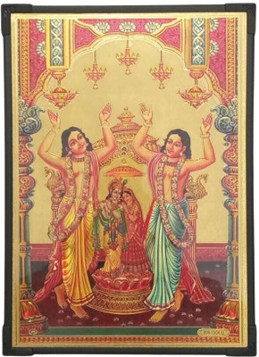 Hitech Sales Hindu God Gour Nitai With Radha Krishna Gold Plated Wooden Laminated Photo Religious Frame
