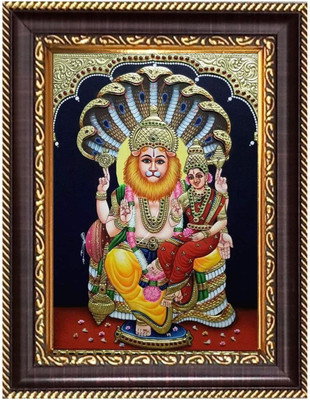 HitechMart Lord Narasima And Mata Lakshmi Digital Print Photo 12.7x14.7 inches Religious Frame