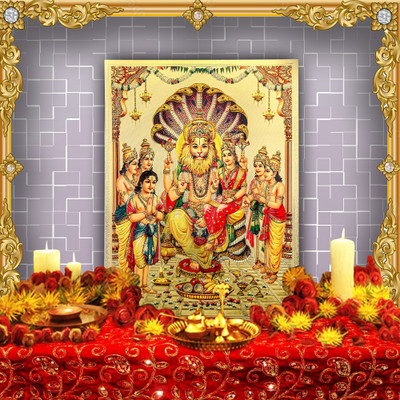 HAWAI God Narsimha Swamy with Lakshmi, Prahlad Gold Plated photo(NO Frame Include) Religious Frame