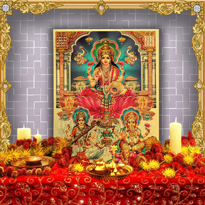 HAWAI Maa Devi Lakshmi Ganesh Saraswati Ji Hindu God Gold Plated Photo for Home Décor Religious Frame
