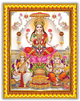 PY Creation Framed artwork of Hindu deities Lakshmi, Saraswati, and Ganesha on a lotus Religious Frame
