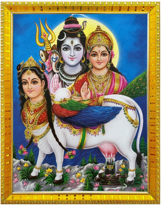koshtak Shiva Parvati & Kamdhenu Cow Photo Frame With Lamination For Puja Room/ Temple Religious Frame