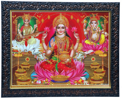 Dharmikk Maa Laxmi, Saraswati & Ganesh ji Wooden Photo Frame For Temple/Pooja/Home/Office Religious Frame