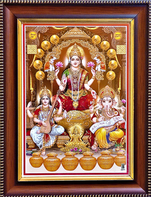 shreya arts frame wth glass Dhana Lakshmi /Mahalakshmi/Lakshmi Pooja/ Lakshmi Ganesh Saraswati with Kubera Religious Frame