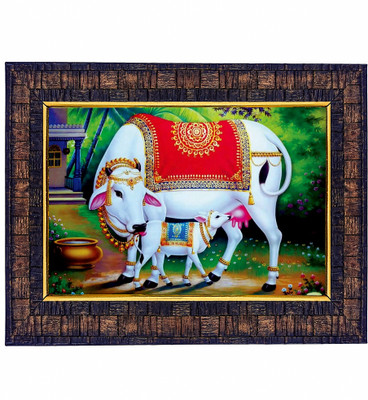 HAWAI Kamdhenu Cow Designer Brown Wall Hanging Wood Photo Frame (8.5x7inch) Religious Frame
