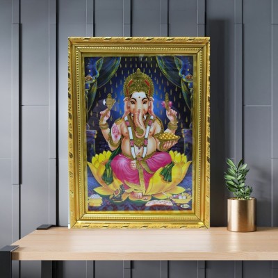 Puja N Pujari God Photo Frames Lord Ganesh Ganapathi Vinayaka Nice Background Gold Coated Synthetic Photo Framefor Wall Hanging Puja Mandir Small ( L * H : 8 * 11 Inches) Religious Frame