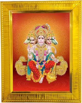 HandNCreations Panchmukhi Hanuman Ji (Golden Wooden Frame, 7.5 x 9.5 Inch Size, HD Quality) Religious Frame