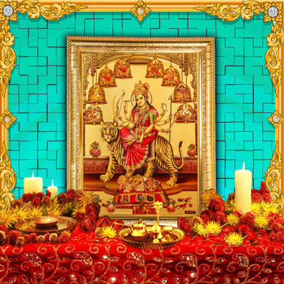 HAWAI Durga Devi NavDurga Sherawali Ma Gold Plated Foil Embossed Goddess photo frame Religious Frame